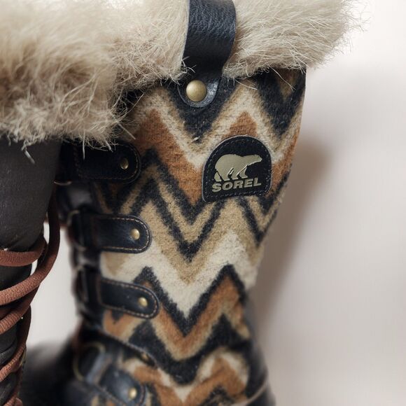 Sorel Tofino Winter Boots Waterproof Black Tan Chevron Womens Size 8 Faux Fur - Picture 4 of 12